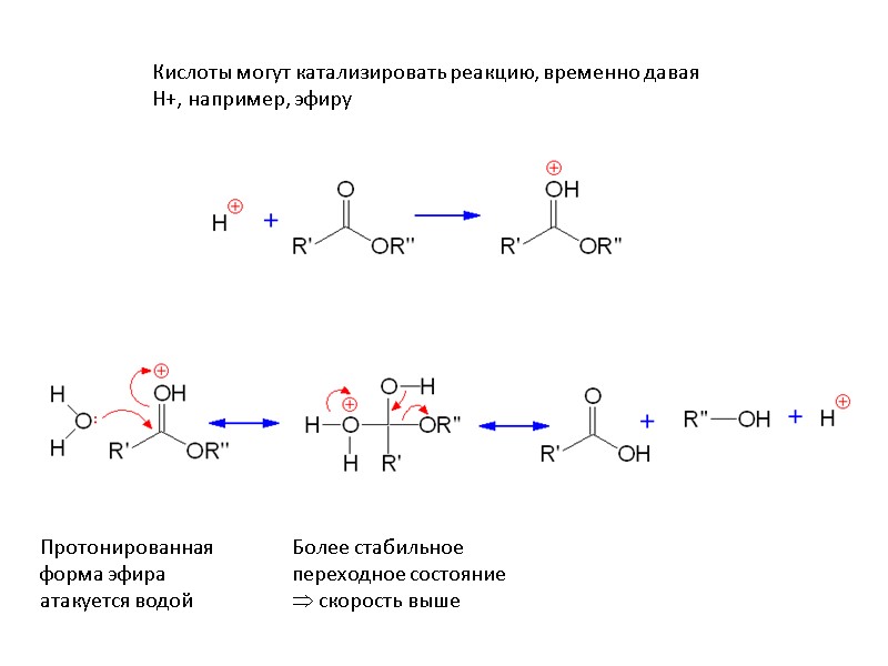Кислоты могут катализировать реакцию, временно давая Н+, например, эфиру  Протонированная форма эфира атакуется